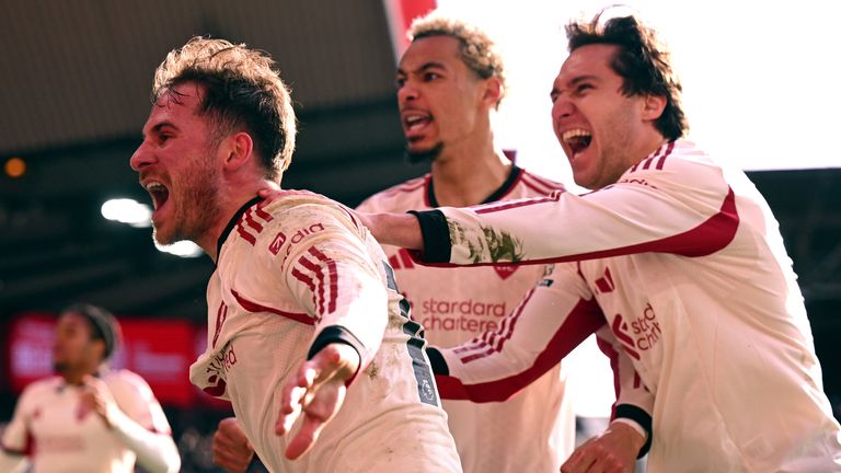 Alexis Mac Allister celebrates after scoring a late winner for Liverpool against Nottingham Forest