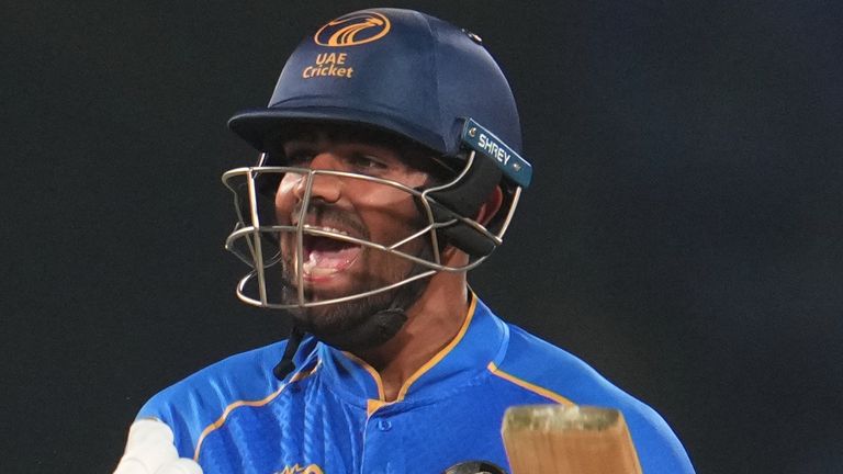 United Arab Emirates' Aryansh Sharma reacts after winning the game against Canada during the T20 World Cup cricket match between Canada and United Arab Emirates in New Delhi, India, Friday, Feb. 13, 2026. (AP Photo/Manish Swarup)