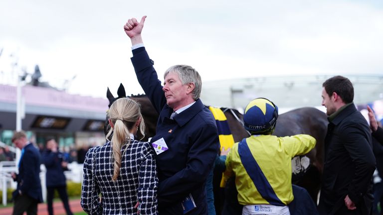 Trainer Barry Connell in the winner's enclosure after Marine Nationale and Sean Flanagan win the BetMGM Queen Mother Champion Chase 
