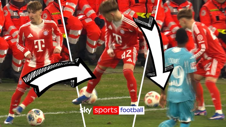 An embarrassing moment for Bayern Munich's Lennart Karl as he attempts do a set over stepovers and ends up knocking the ball out of play against Hoffenheim. 