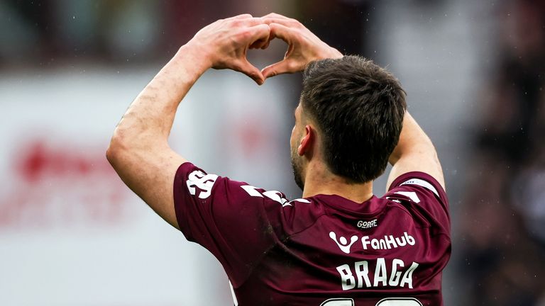 Claudio Braga celebrates his winning goal in Saturday's 1-0 win over Aberdeen.