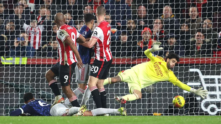 Arsenal's David Raya saves from Brentford's Igor Thiago