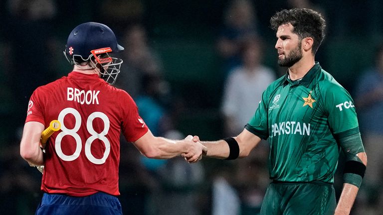 Pakistan's Shaheen Shah Afridi shakes hands with England's captain Harry Brook after he is bowled out during the T20 World Cup cricket match between England and Pakistan in Pallekele, Sri Lanka, Tuesday, Feb. 24, 2026. (AP Photo/Eranga Jayawardena)