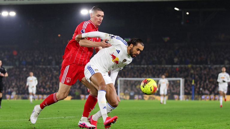 Leeds striker Dominic Calvert-Lewin shields the ball