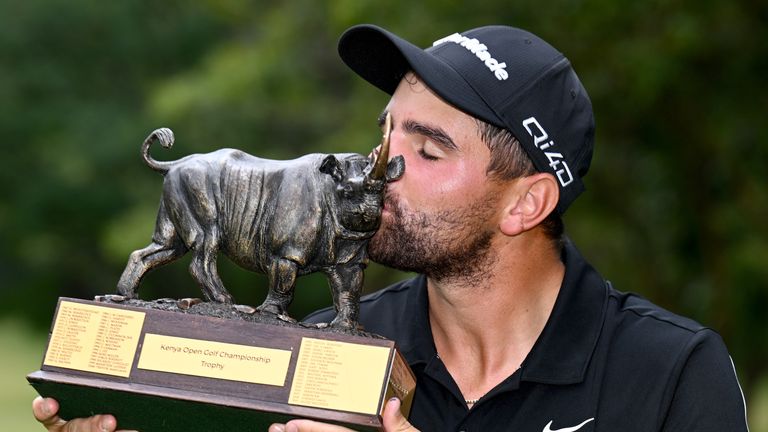 Casey Jarvis celebrates his Kenya Open victory 