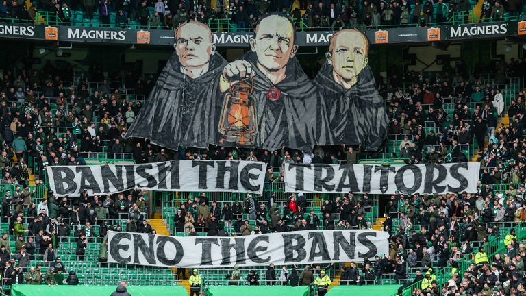 GLASGOW, SCOTLAND - FEBRUARY 01: Celtic fans hold a banner with Chief Financial Officer Christopher McKay, Security Operations Mark Hargreaves and Celtic Chief Executive Michael Nicholson (L-R) reading "Banish the Traitors, End the Bans" before a William Hill Premiership match between Celtic and Falkirk at Celtic Park, on February 01, 2026, in Glasgow, Scotland. (Photo by Craig Foy / SNS Group)