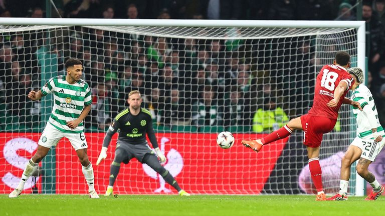 Jamie Leweling of VfB Stuttgart scores his team's third goal against Celtic