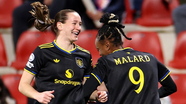 Elisabeth Terland of Manchester United celebrates scoring her team's first goal against Atletico Madrid with team-mate Melvine Malard