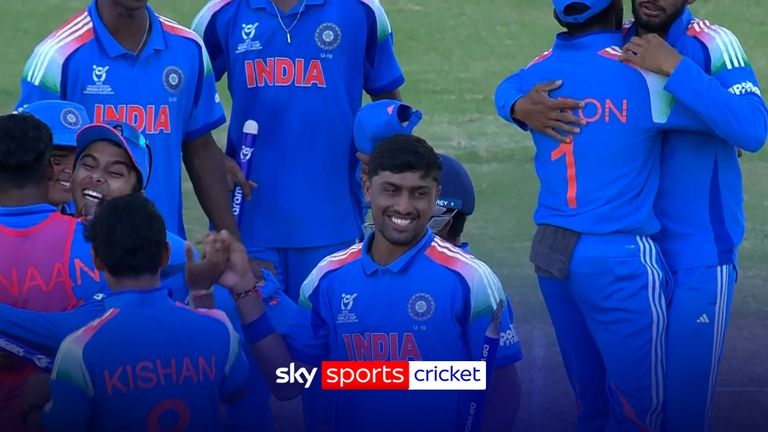 Relive the moment Kanishk Chouhan took the final wicket of Caleb Falconer as India beat England by 100 runs to win the Under-19 Men's Cricket World Cup.