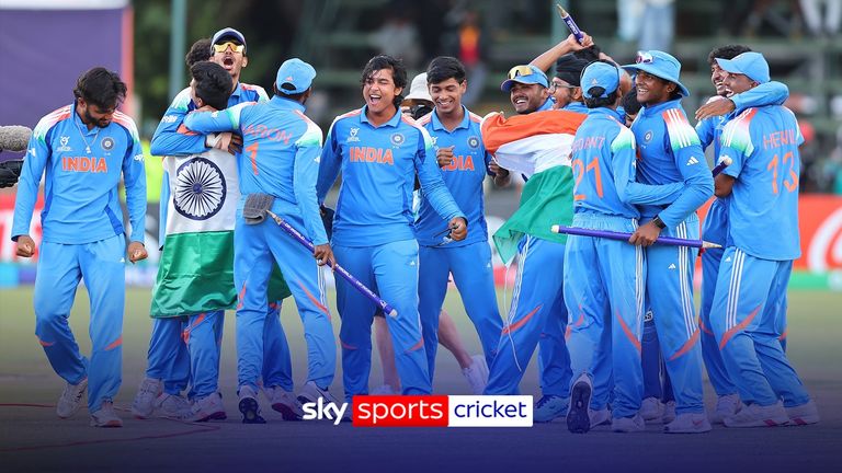 Relive the moment Kanishk Chouhan took the final wicket of Caleb Falconer as India beat England by 100 runs to win the Under-19 Men's Cricket World Cup.