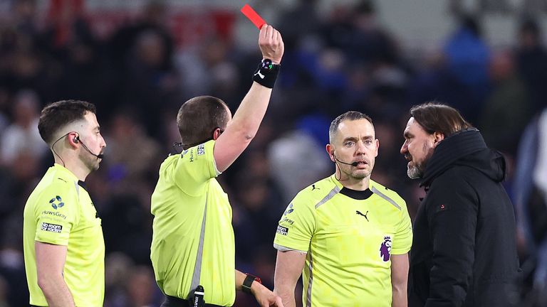 Daniel Farke is shown a red card by referee Peter Bankes at full time