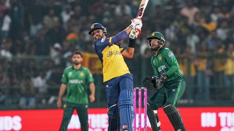Sri Lanka's captain Dasun Shanaka plays a shot during the T20 World Cup cricket match between Pakistan and Sri Lanka in Pallekele, Sri Lanka, Saturday, Feb. 28, 2026. (AP Photo/Eranga Jayawardena)