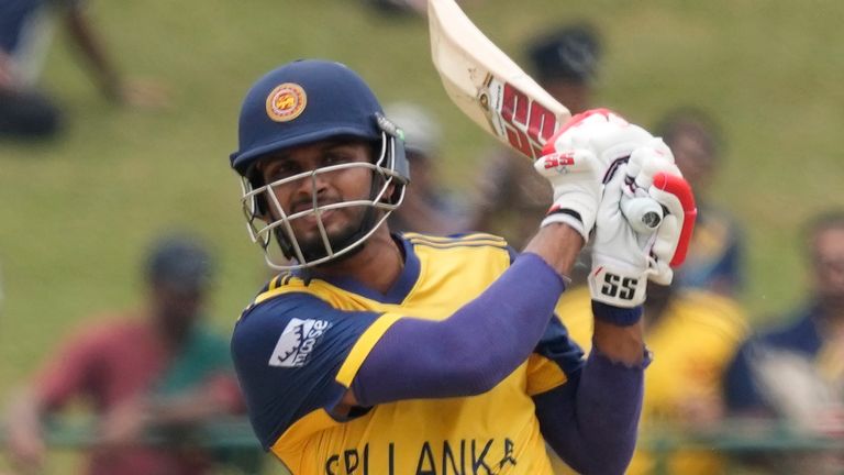 Sri Lanka's captain Dasun Shanaka plays a shot during the T20 World Cup cricket match between Oman and Sri Lanka in Pallekele, Sri Lanka, Thursday, Feb. 12, 2026. (AP Photo/Eranga Jayawardena)