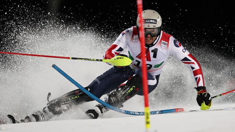 Britain's Dave Ryding competes in an alpine ski, men's World Cup slalom, in Schladming, Austria, Wednesday, Jan. 28, 2026. (AP Photo/Marco Trovati)
