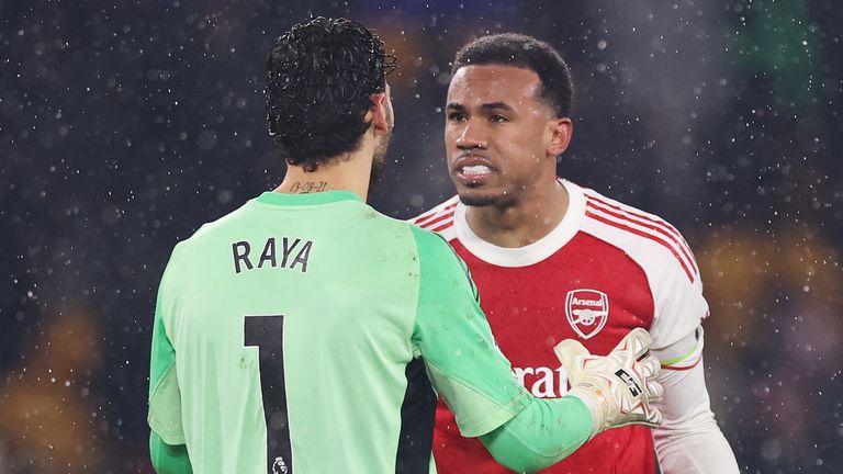 David Raya and Gabriel clash over Wolves' late equaliser against Arsenal at Molineux
