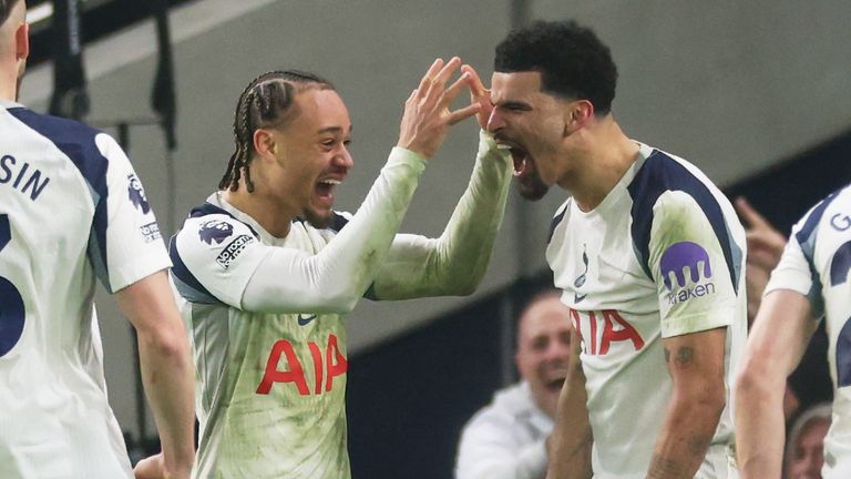 Dominic Solanke is congratulated after scoring Spurs' second goal (AP Photo/Richard Pelham)