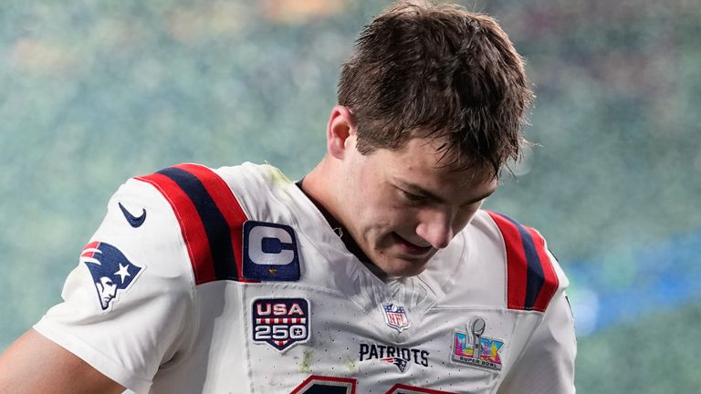 New England Patriots quarterback Drake Maye walks off the field after a loss to the Seattle Seahawks in the NFL Super Bowl 60 football game, Sunday, Feb. 8, 2026, in Santa Clara, Calif. (AP Photo/Julio Cortez)