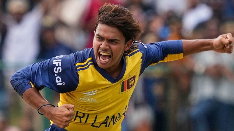 Sri Lanka's Dunith Wellalage celebrates a wicket during the 2026 Men's T20 World Cup (Associated Press)
