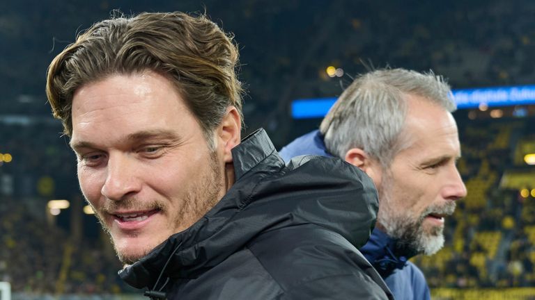 Dortmund coach Edin Terzic (l) and coach Marco Rose