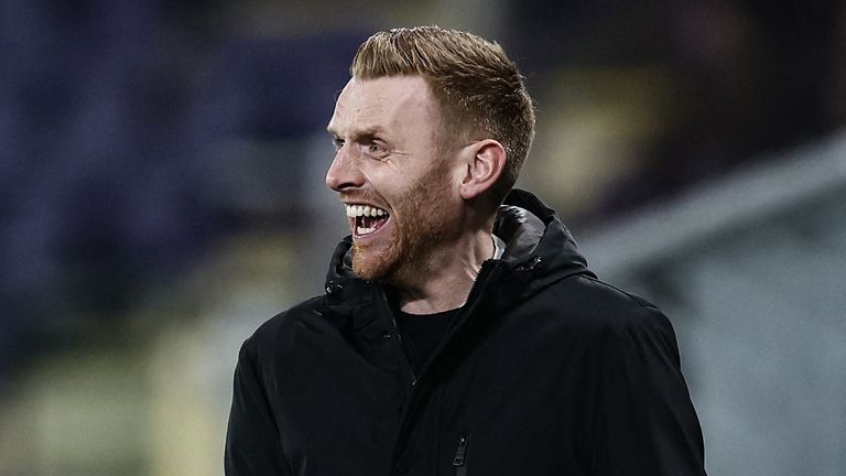 RSC Anderlecht's interim coach Edward Still reacts during the Belgian Croky Cup semi-final first leg football match between RSC Anderlecht and Royal Antwerp FC at the Lotto Park stadium in Anderlecht on February 5, 2026. (Photo by BRUNO FAHY / Belga / AFP) / Belgium OUT