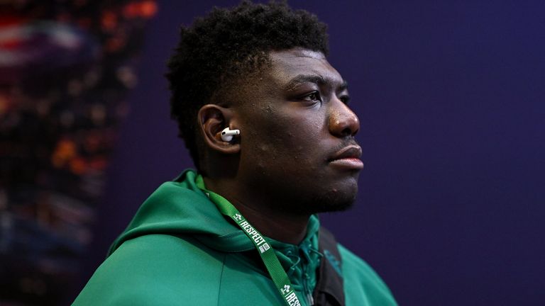 Dublin , Ireland - 14 February 2026; Edwin Edogbo of Ireland before the Guinness 6 Nations Rugby Championship match between Ireland and Italy at the Aviva Stadium in Dublin. (Photo By Ramsey Cardy/Sportsfile via Getty Images)
