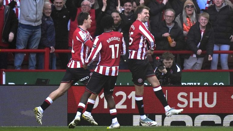 Patrick Bamford celebrates after opening the scoring for Sheffield United