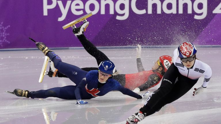 Christie and Li Jinyu of China crash out of their women's 1500m semi-final at the 2018 Winter Olympics
