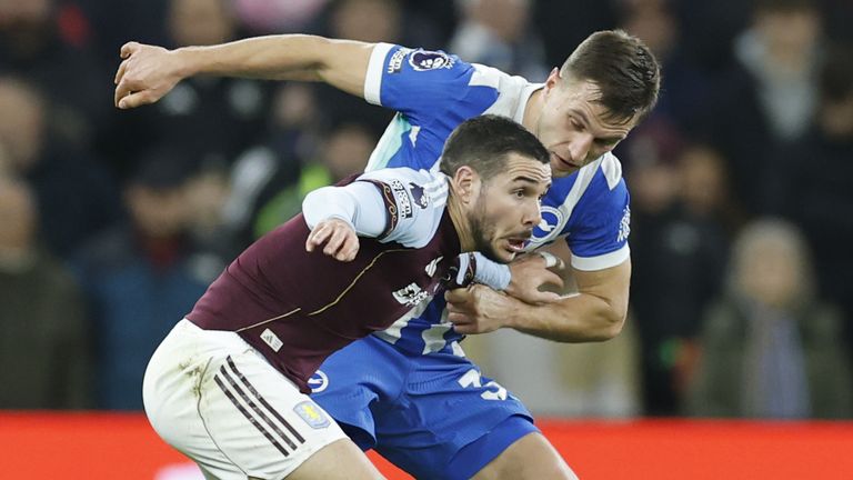 Aston Villa's Emi Buendia and Brighton's Joel Veltman compete for possession