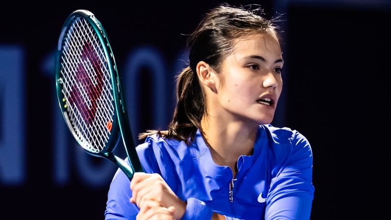 Emma Raducanu of Great Britain in action against Camila Osorio of Colombia in the first round on Day Two of the Qatar TotalEnergies Open, pa
