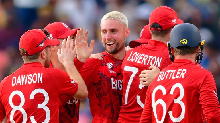 Will Jacks and team-mates celebrate an England wicket against Sri Lanka at the T20 World Cup (Getty Images)