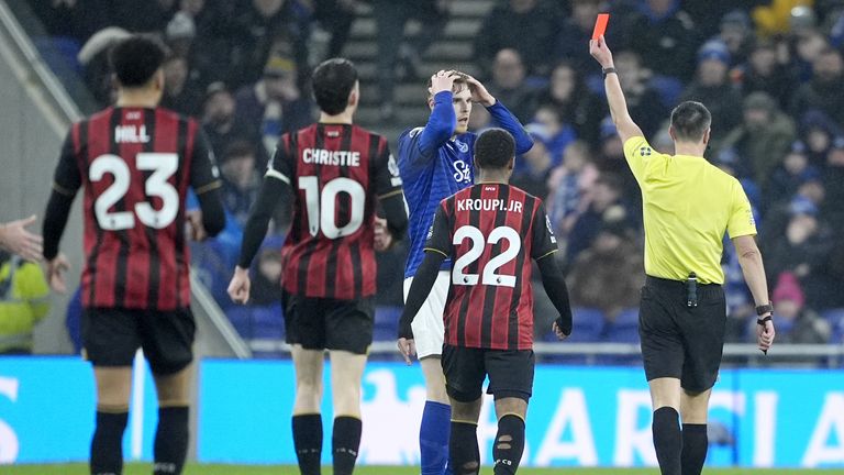Jake O'Brien's red card was Everton's fourth of the season
