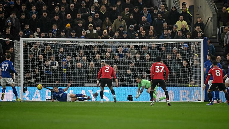 Everton's English defender #06 James Tarkowski saves the ball from the line during the English Premier League football match between Everton and Manchester United at the Hill Dickinson Stadium in Liverpool, north west England on February 23, 2026. (Photo by Paul ELLIS / AFP via Getty Images) / RESTRICTED TO EDITORIAL USE. No use with unauthorized audio, video, data, fixture lists, club/league logos or 'live' services. Online in-match use limited to 120 images. An additional 40 images may be used in extra time. No video emulation. Social media in-match use limited to 120 images. An additional 40 images may be used in extra time. No use in betting publications, games or single club/league/player publications. / 