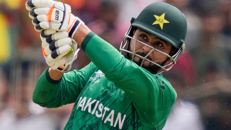 Pakistan's Faheem Ashraf plays a shot during the T20 World Cup (Associated Press)