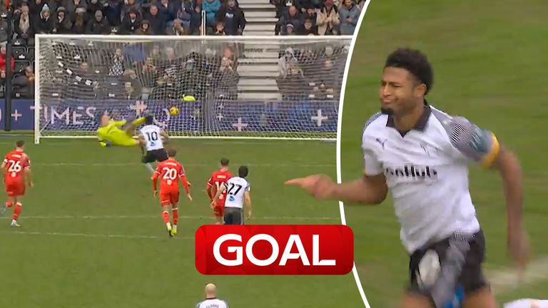 Rhian Brewster converts from the spot for Derby vs Ipswich  after Bobby Clark was fouled in the area.