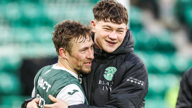 Hibernian's Owen Elding and Felix Passlack celebrate at full-time after their win over St Mirren