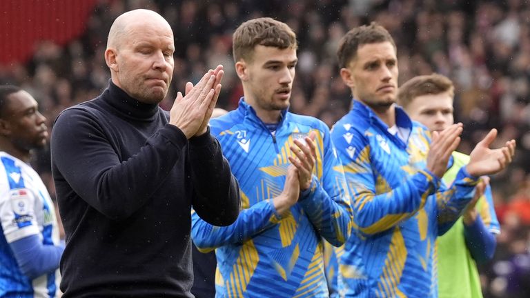Sheffield Wednesday manager Henrik Pedersen applauds the fans after they were relegated following defeat to Sheffield United