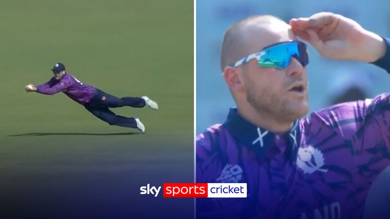 First ball, first wicket! Scotland’s George Munsey pulls off superb diving catch
