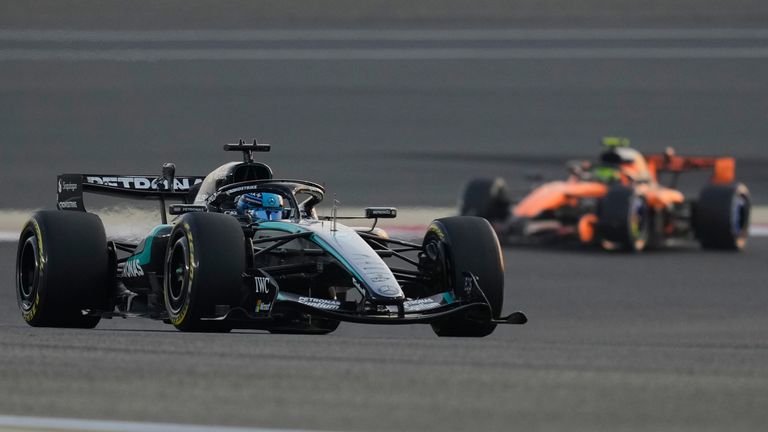 Mercedes driver George Russell of Britain steers his car during a Formula One pre-season test at the Bahrain International Circuit in Sakhir, Bahrain, Thursday, Feb. 12, 2026. (AP Photo/Altaf Qadri)