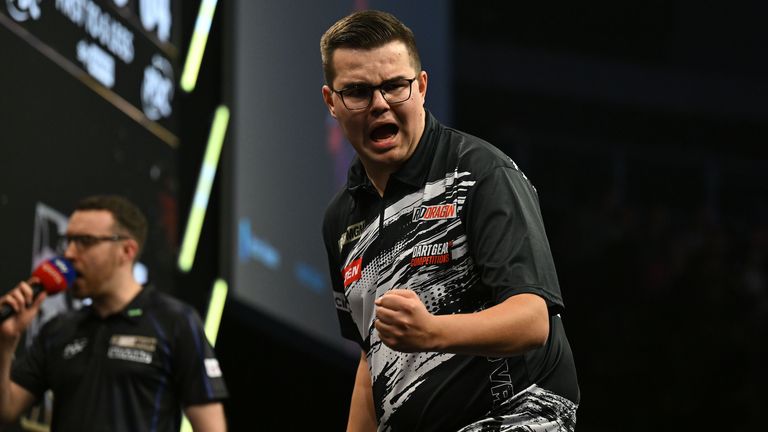 26/2/26: Gerwyn Price vs Gian van Veen in the Semi Final match during night 4 of the BetMGM Premier League in Belfast.