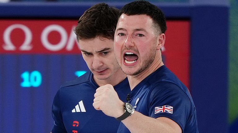Great Britain's Hammy McMillan celebrates during the Men's Curling gold medal game against Canada