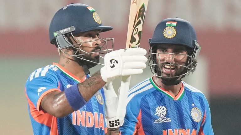 India's Hardik Pandya (left) and Tilak Varma (right) during the T20 World Cup (Associated Press)