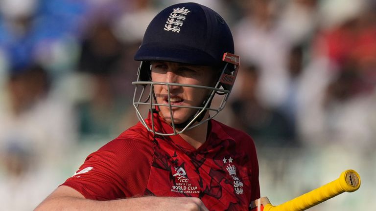England's captain Harry Brook leaves the ground after losing his wicket during the T20 World Cup cricket match between England and Italy in 