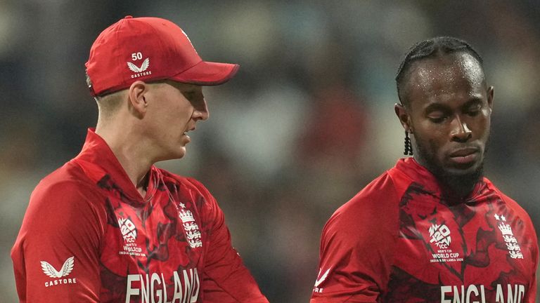 England's captain Harry Brook, left, has a word with Jofra Archer during the T20 World Cup cricket match between England and West Indies