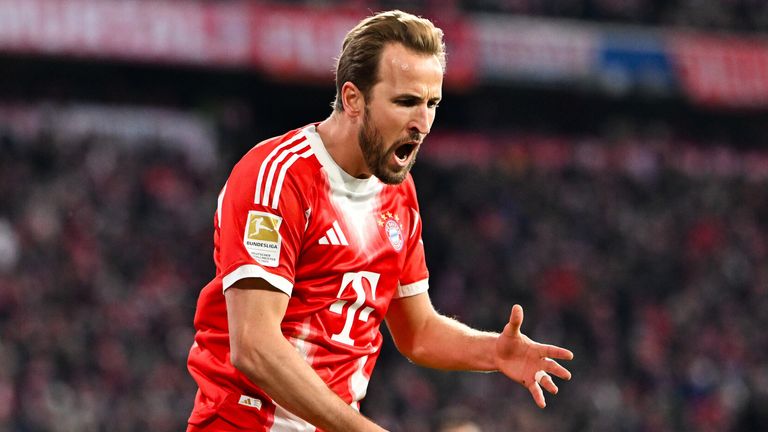Harry Kane celebrates his goal for Bayern Munich against Hoffenheim
