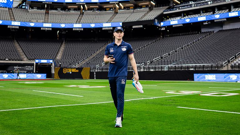 Harry Newman gets accustomed to the Allegiant Stadium arena ahead of Leeds' game against Hull KR