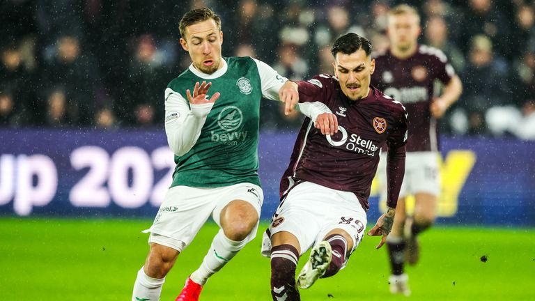 EDINBURGH, SCOTLAND - FEBRUARY 10: Hearts Alexandros Kyziridis and Hibs Felix Passlack in action during a William Hill Premiership match between Heart of Midlothian and Hibernian at Tynecastle Park, on February 10, 2026, in Edinburgh, Scotland. (Photo by Ross Parker / SNS Group)