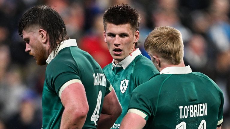 Paris , France - 5 February 2026; Ireland players, from left, Joe McCarthy, Sam Prendergast and Tommy O'Brien after conceding a third try during the Guinness 6 Nations Rugby Championship match between France and Ireland at Stade de France in Paris, France. (Photo By Ramsey Cardy/Sportsfile via Getty Images)
