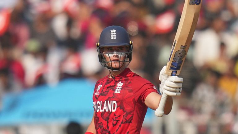 England's Jacob Bethell celebrates his fifty runs during the T20 World Cup cricket match between England and Nepal in Mumbai, India, Sunday,Feb. 8, 2026.(AP Photo/Rafiq Maqbool)