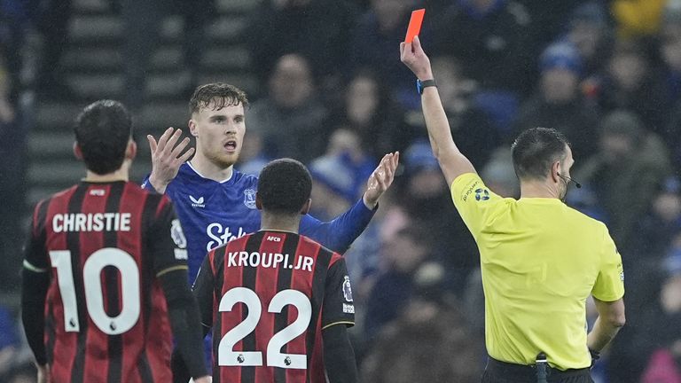 Jake O'Brien reacts after being shown a red card