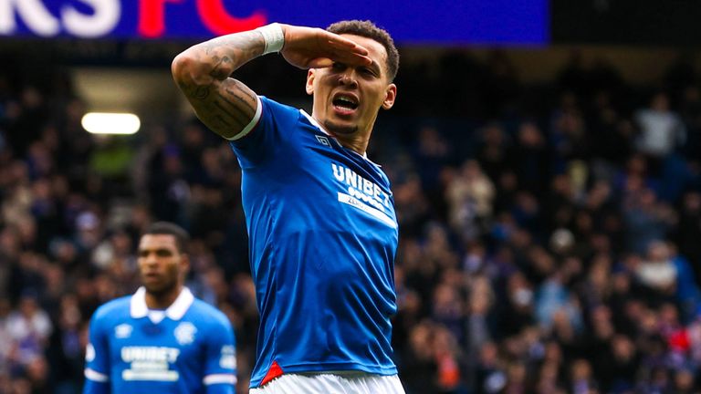 ames Tavernier celebrates after scoring Queen's Park at Ibrox